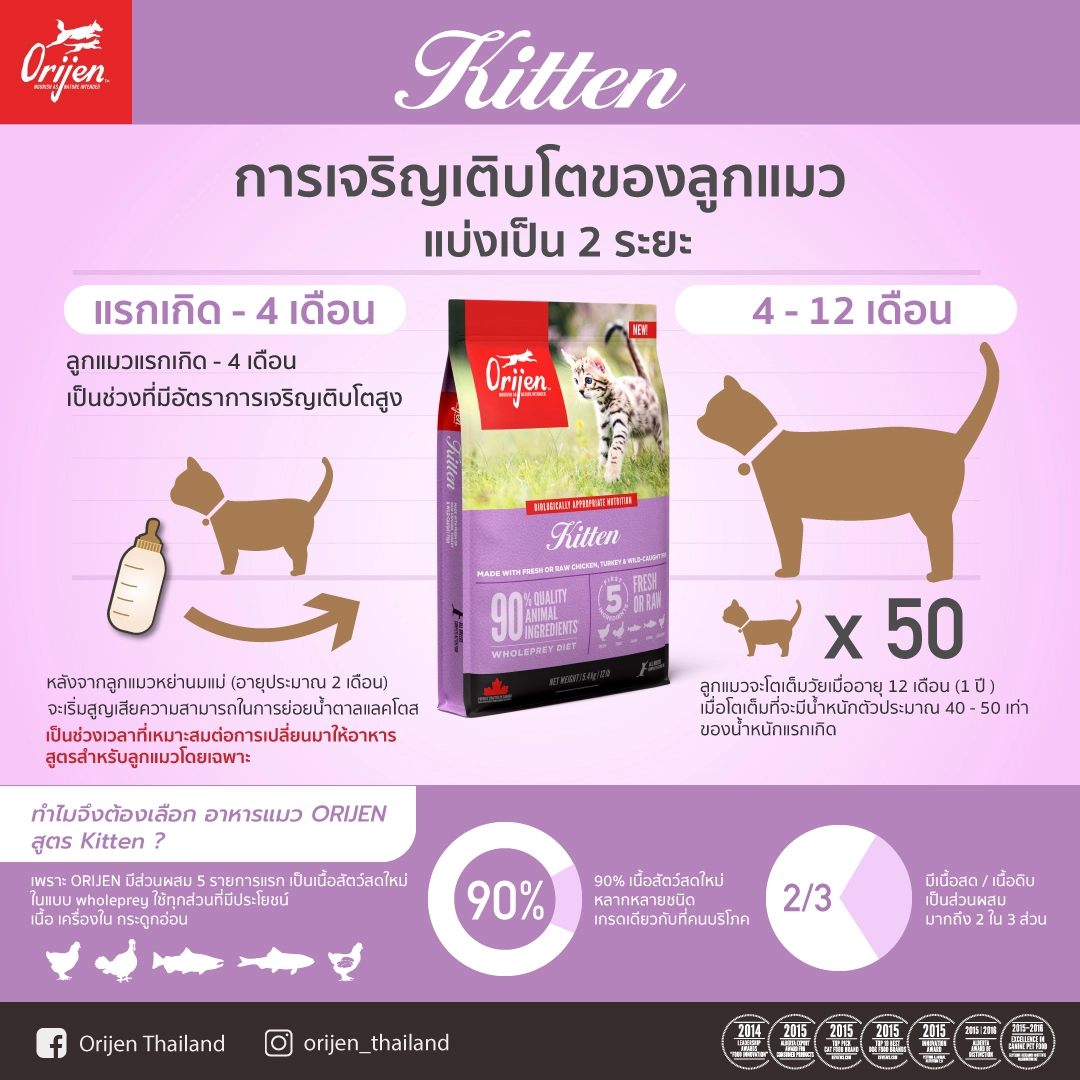 Orijen อาหารเม็ดแมว สูตร Kitten สำหรับลูกแมว อายุ 2-12 เดือน ทุกสายพันธุ์