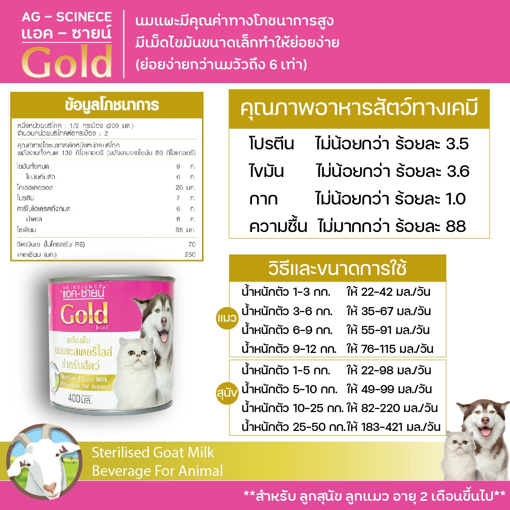 Ag science นมแพะชนิดน้ำ สำหรับสัตว์เลี้ยง 400 มล.