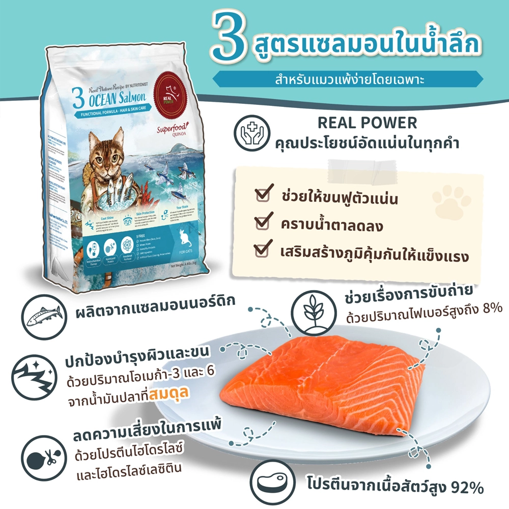 REAL POWER OCEAN Salmon  อาหารเม็ด สำหรับแมวทุกสายพันธุ์ทุกช่วงวัย สูตรปลาแซลมอนในน้ำลึก