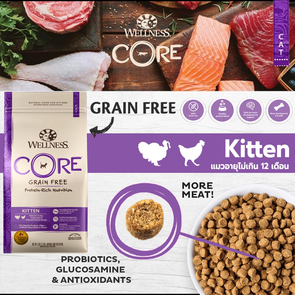 WELLNESS CORE  Kitten อาหารเม็ด สำหรับลูกแมวทุกสายพันธุ์ สูตรไก่งวง และไก่เลาะกระดูก