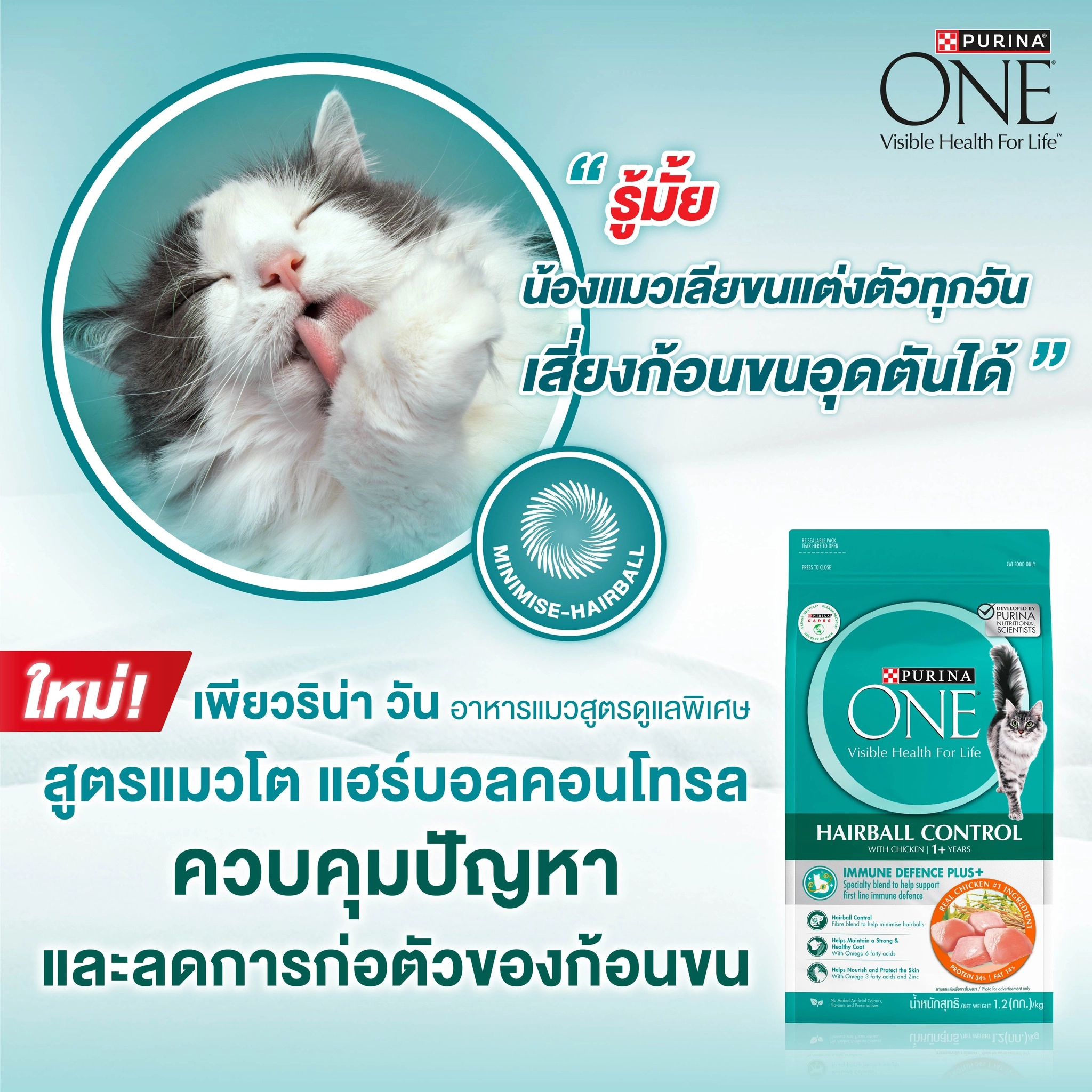 PURINA ONE Hairball Control  อาหารเม็ด สำหรับแมวโตทุกสายพันธุ์ สูตรควบคุมปัญหาก้อนขน