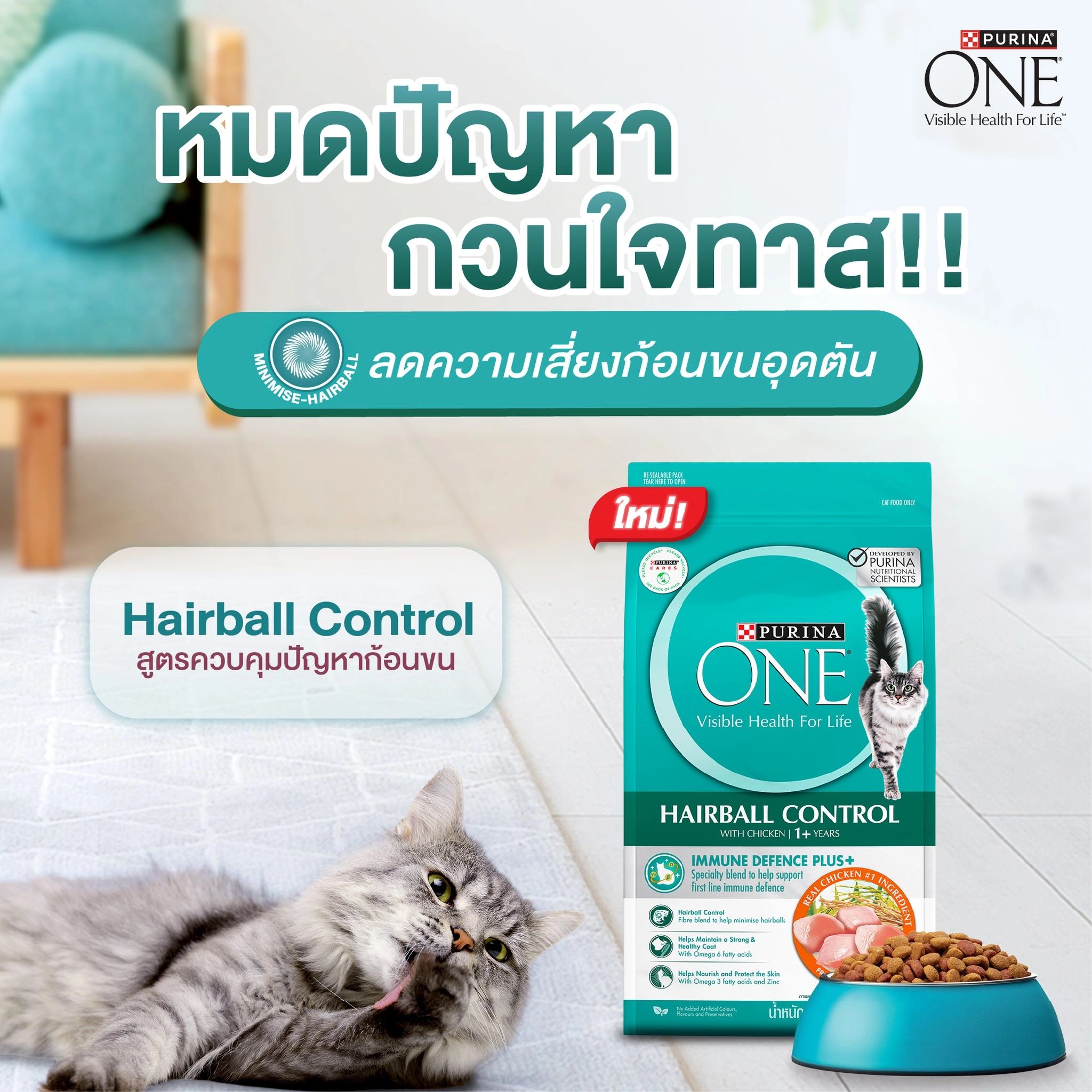 PURINA ONE Hairball Control  อาหารเม็ด สำหรับแมวโตทุกสายพันธุ์ สูตรควบคุมปัญหาก้อนขน