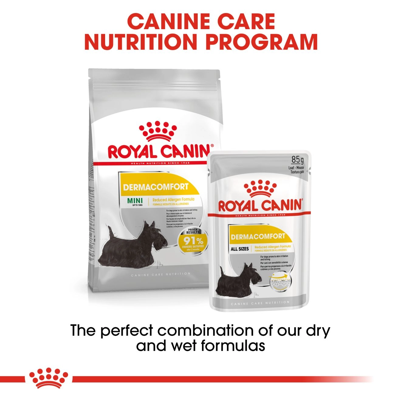 Royal Canin อาหารเปียกสุนัข สูตร Dermacomfort (ผิวแพ้ง่าย) ชนิดซอง สำหรับสุนัขโตทุกสายพันธุ์ 85 กรัม