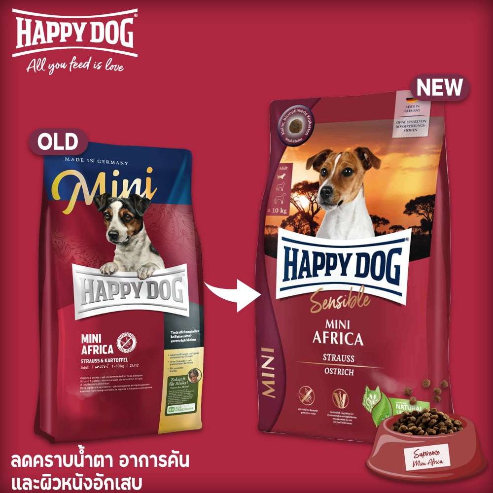 HAPPY DOG MINI AFRICA Sensible อาหารเม็ด สำหรับสุนัขโต พันธุ์เล็ก สูตรเนื้อนกกระจอกเทศ