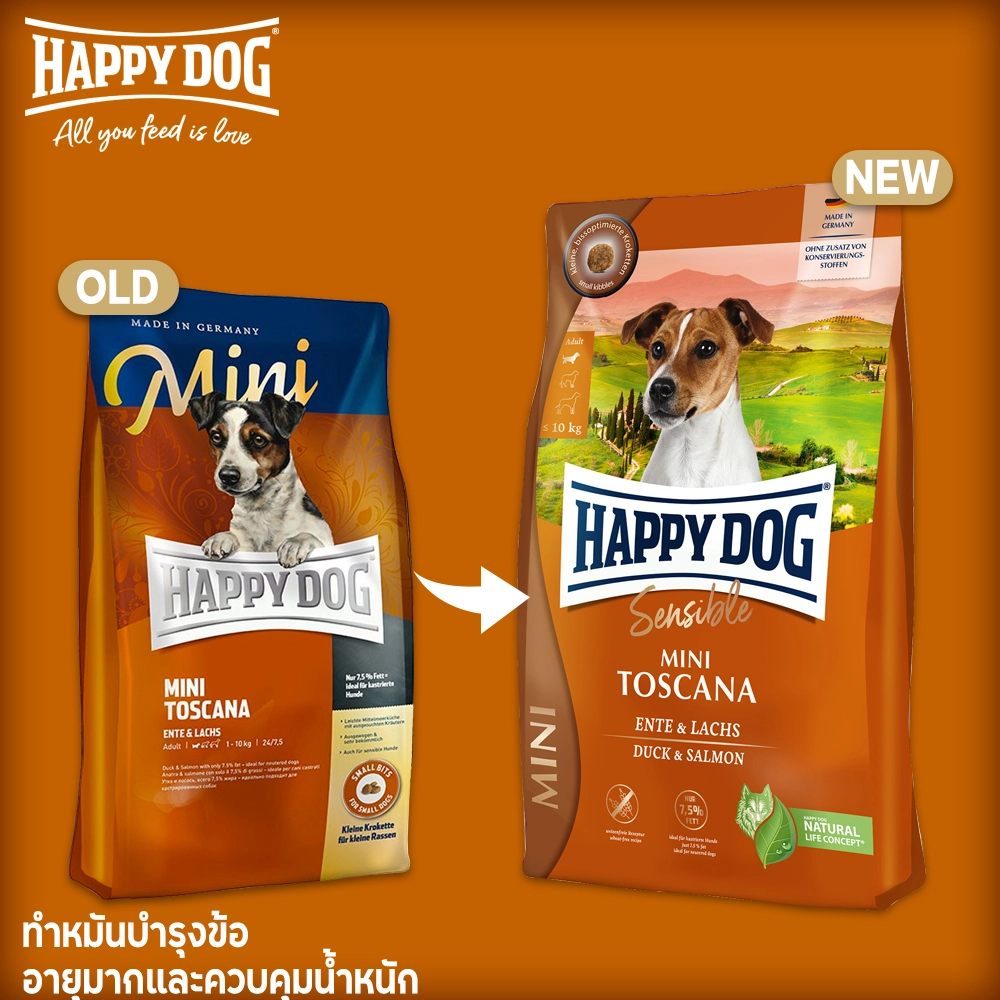 HAPPY DOG MINI TOSCANA อาหารเม็ด สำหรับสุนัขโต พันธุ์เล็ก สูตรเนื้อเป็ดและแซลมอน