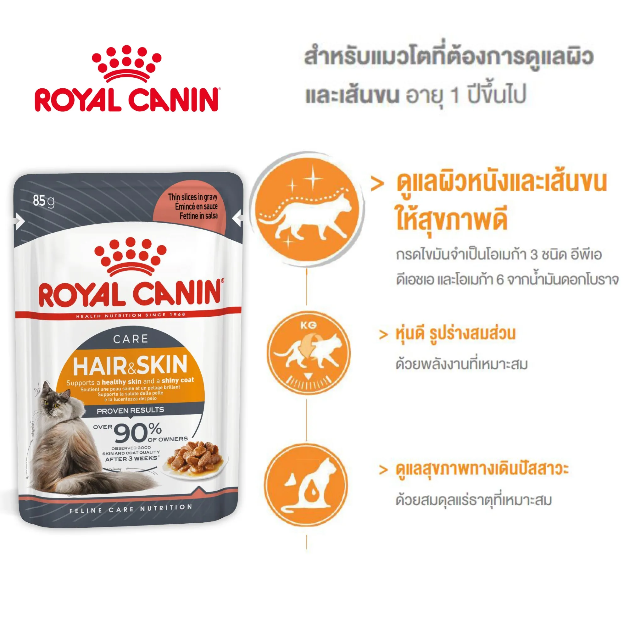 Royal Canin อาหารเปียกแมว สูตร Hair&Skin (บำรุงขนและผิวหนัง) ชนิดซอง 85 กรัม